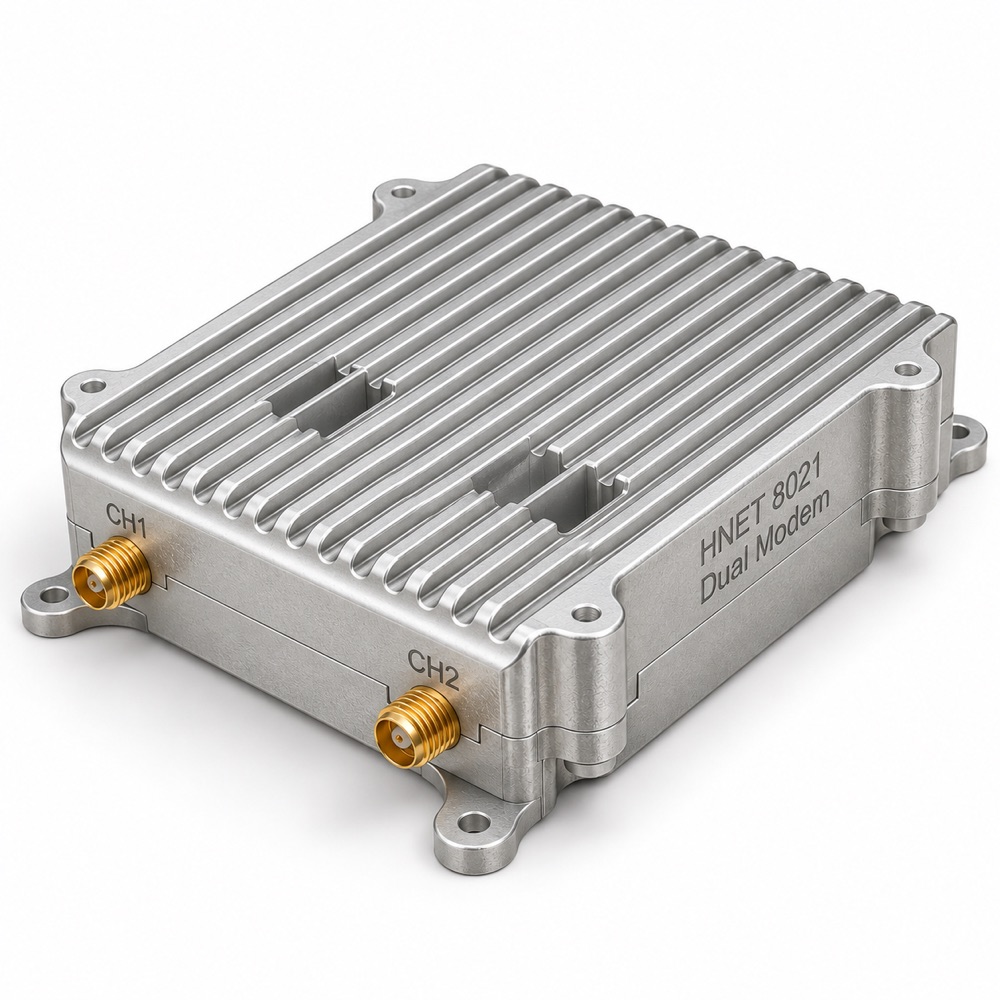 HNET 8021 dual modem, two antenna connectors on a finned alloy housing