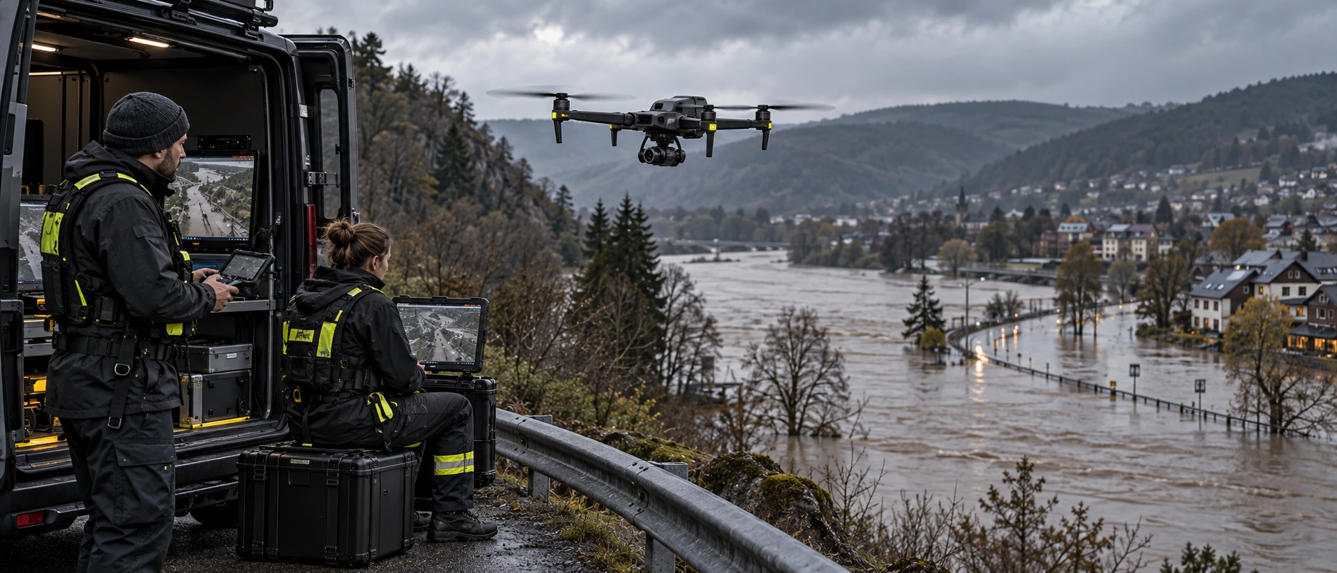 Emergency responders operating an observation drone beside a mobile command vehicle near a flooded river.