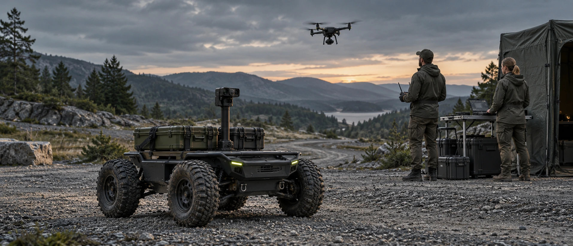 An unarmed ground robot and observation drone at a military field exercise beside a mobile operator station.