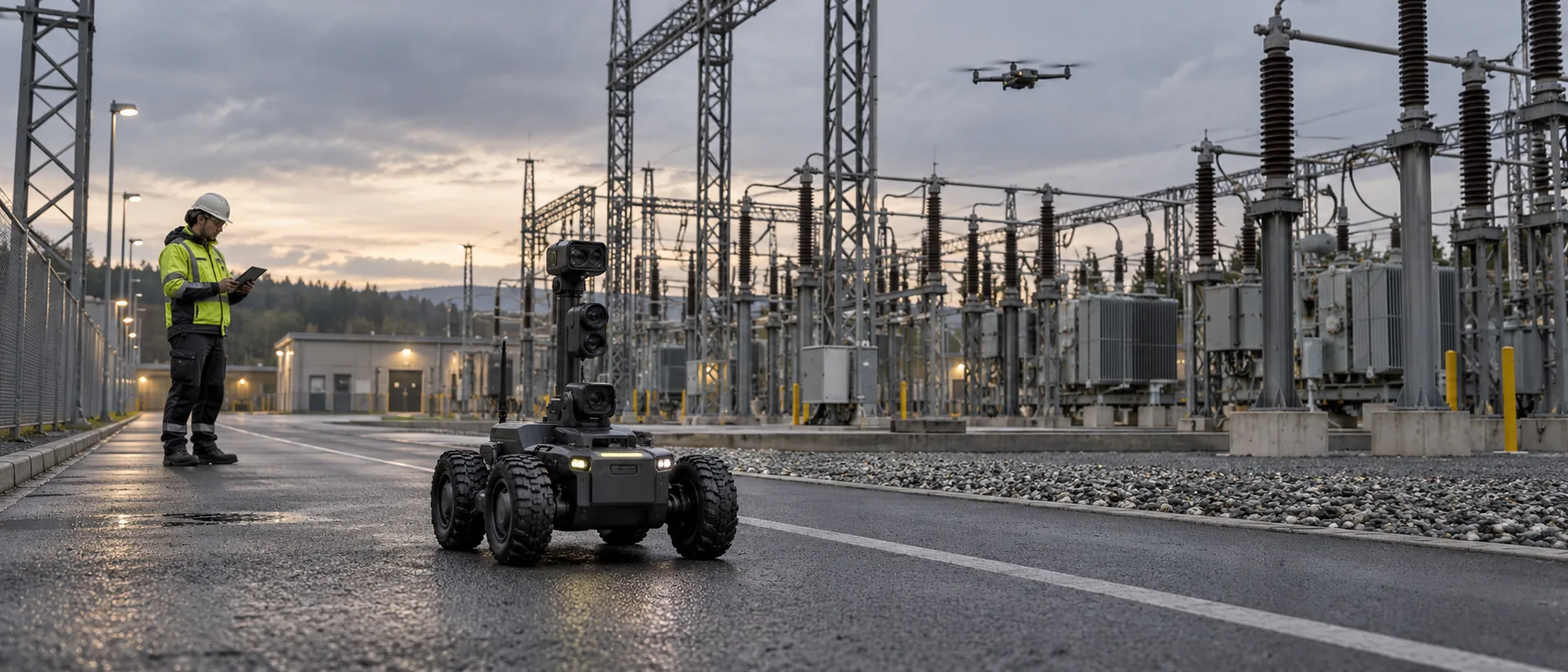 A camera-equipped ground robot and inspection drone at a power facility with electrical equipment in the background.